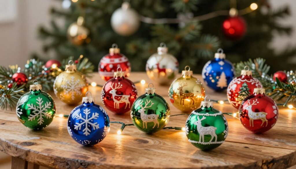 A beautifully arranged collection of colorful DIY Christmas ornaments, featuring hand-painted glass baubles in vibrant hues of red, green, gold, and blue. The foreground displays a variety of unique designs, such as snowflakes, reindeer, and festive patterns, showcasing the craftsmanship and creativity behind each piece. In the middle ground, a rustic wooden table is adorned with twinkling fairy lights that cast a warm, inviting glow over the scene. The background features a softly blurred evergreen tree, decorated with more baubles and shimmering tinsel, enhancing the festive atmosphere. The lighting is soft and warm, evoking a cozy holiday spirit. Capture this scene with a close-up angle to highlight the intricate details of the ornaments, creating a cheerful and handmade aesthetic.