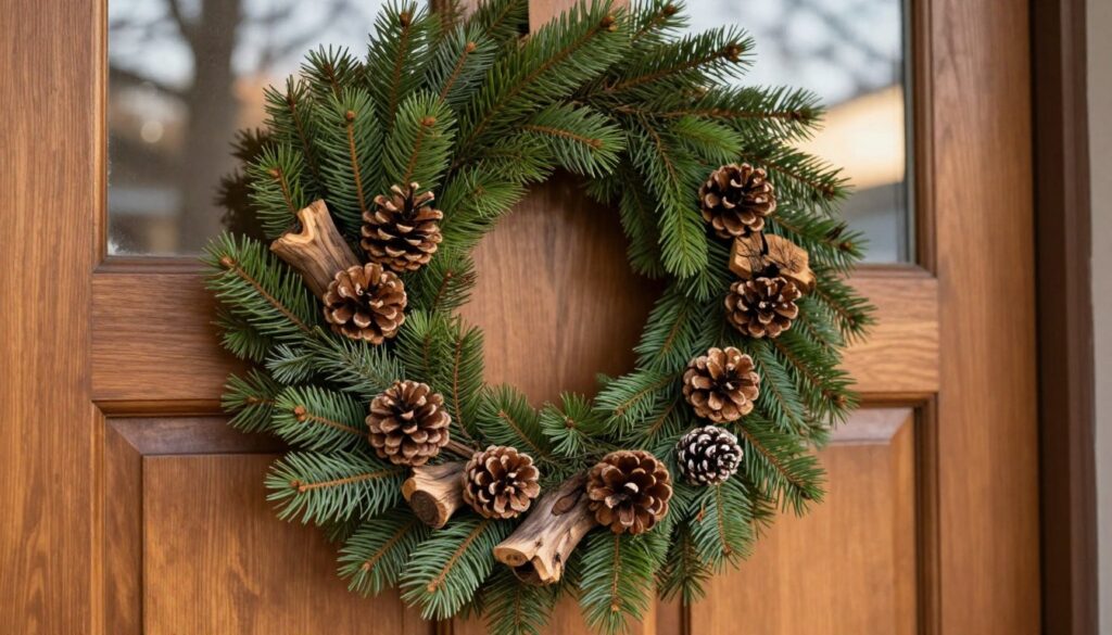 A beautifully arranged door wreath made from natural elements, prominently featuring lush green pine branches, glossy pine cones, and rustic wooden accents. The wreath is artistically detailed, showcasing a mix of textures with soft pine needles and the rough wood. In the foreground, the wreath hangs on a traditional wooden door painted in a warm, inviting color, set against a soft-focus background of gentle winter light filtering through the trees. The image is captured with a shallow depth of field, emphasizing the wreath while maintaining the cozy atmosphere. The lighting is warm and inviting, enhancing the natural hues of the materials. Overall, the scene evokes a festive, serene mood, perfect for the holiday season. A beautifully arranged door wreath made from natural elements, prominently featuring lush green pine branches, glossy pine cones, and rustic wooden accents. The wreath is artistically detailed, showcasing a mix of textures with soft pine needles and the rough wood. In the foreground, the wreath hangs on a traditional wooden door painted in a warm, inviting color, set against a soft-focus background of gentle winter light filtering through the trees. The image is captured with a shallow depth of field, emphasizing the wreath while maintaining the cozy atmosphere. The lighting is warm and inviting, enhancing the natural hues of the materials. Overall, the scene evokes a festive, serene mood, perfect for the holiday season.