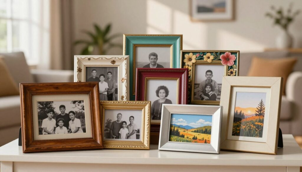 A beautifully arranged scene featuring an eclectic collection of decorative frames, showcasing various styles and sizes. In the foreground, a vintage wooden frame holds a black and white family photograph, while a modern geometric frame contains a vibrant landscape image. In the middle, an array of colorful picture frames, some adorned with flowers and others made of metal, creates a stunning visual tapestry. The background features a softly blurred living room setting with warm, natural light streaming through a window, casting gentle shadows on the walls. The atmosphere is cozy and inviting, perfect for home décor inspiration, evoking a sense of nostalgia and creativity in DIY decorating. A beautifully arranged scene featuring an eclectic collection of decorative frames, showcasing various styles and sizes. In the foreground, a vintage wooden frame holds a black and white family photograph, while a modern geometric frame contains a vibrant landscape image. In the middle, an array of colorful picture frames, some adorned with flowers and others made of metal, creates a stunning visual tapestry. The background features a softly blurred living room setting with warm, natural light streaming through a window, casting gentle shadows on the walls. The atmosphere is cozy and inviting, perfect for home décor inspiration, evoking a sense of nostalgia and creativity in DIY decorating.