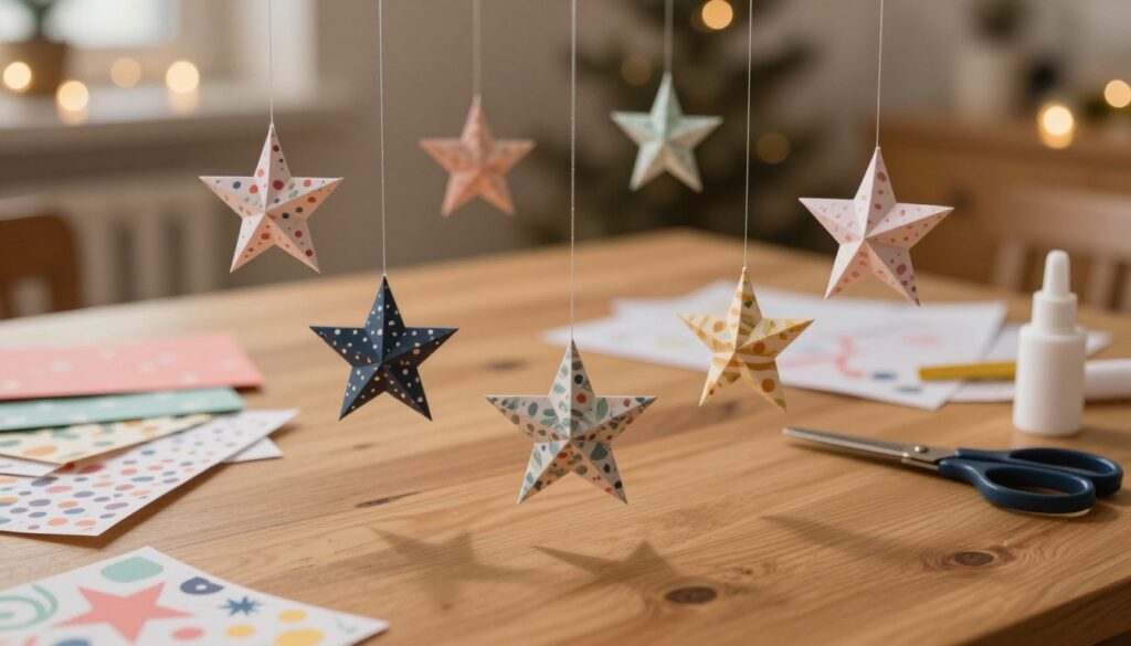A beautifully arranged scene of handmade paper stars ("papierowe gwiazdki") in various sizes, delicately crafted from colorful patterned paper. The foreground features several stars suspended gracefully from thin, transparent fishing line, casting soft shadows on a wooden table beneath them. In the middle ground, a scattering of crafting materials including sheets of patterned paper, scissors, and glue, creating an inviting DIY atmosphere. The background includes a softly blurred view of a cozy, warmly lit room decorated for the holidays, with subtle twinkling fairy lights enhancing the festive mood. The lighting is soft and warm, reminiscent of a tranquil evening, evoking a sense of creativity and holiday spirit, captured from a slightly elevated angle for an engaging perspective. A beautifully arranged scene of handmade paper stars ("papierowe gwiazdki") in various sizes, delicately crafted from colorful patterned paper. The foreground features several stars suspended gracefully from thin, transparent fishing line, casting soft shadows on a wooden table beneath them. In the middle ground, a scattering of crafting materials including sheets of patterned paper, scissors, and glue, creating an inviting DIY atmosphere. The background includes a softly blurred view of a cozy, warmly lit room decorated for the holidays, with subtle twinkling fairy lights enhancing the festive mood. The lighting is soft and warm, reminiscent of a tranquil evening, evoking a sense of creativity and holiday spirit, captured from a slightly elevated angle for an engaging perspective.