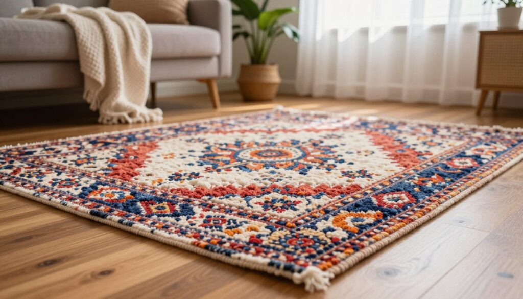 A beautifully crafted handmade rug lies on a warm wooden floor, showcasing intricate patterns and vibrant colors. The foreground features soft textures of wool and cotton yarns, with a close-up view capturing the fine details of the knotting technique. In the middle ground, plush furniture surrounds the rug, with a cozy throw draped over a chair, and a potted plant beside it adds a touch of greenery. The background reveals a sunlit room with gentle rays filtering through sheer curtains, casting soft shadows and creating a comfortable, inviting atmosphere. The scene evokes a sense of warmth and creativity, demonstrating how a DIY rug can enhance home decor and provide a personal touch. A beautifully crafted handmade rug lies on a warm wooden floor, showcasing intricate patterns and vibrant colors. The foreground features soft textures of wool and cotton yarns, with a close-up view capturing the fine details of the knotting technique. In the middle ground, plush furniture surrounds the rug, with a cozy throw draped over a chair, and a potted plant beside it adds a touch of greenery. The background reveals a sunlit room with gentle rays filtering through sheer curtains, casting soft shadows and creating a comfortable, inviting atmosphere. The scene evokes a sense of warmth and creativity, demonstrating how a DIY rug can enhance home decor and provide a personal touch.