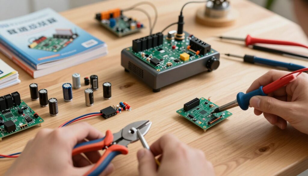 A close-up view of a well-organized electronics workspace, showcasing various DIY electronics components like resistors, capacitors, and microcontrollers scattered across a wooden table. In the foreground, a pair of hands using wire strippers on colorful wires. The middle ground features an open soldering station with a soldering iron and a circuit board partially assembled with electronic parts. In the background, soft ambient lighting illuminates a collection of reference books about electronics and tools, creating an inviting and educational atmosphere. The scene evokes a sense of curiosity and inspiration for beginners exploring the fundamentals of electronics, captured from a slight overhead angle to emphasize the workspace layout and the intricate details of the components.