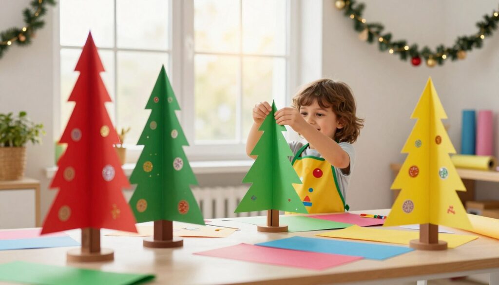 A cozy and inviting craft space filled with colorful, handcrafted paper Christmas trees made by children. In the foreground, showcase several vibrant paper trees adorned with glitter and stickers, with some being partially assembled. In the middle, display a cheerful child, around 6 years old, wearing a playful, colorful apron, engaged in gluing and decorating their paper tree with joy. The background features a bright and sunny window, letting in warm, soft light, creating a cheerful and inspiring atmosphere. The room is decorated with festive garlands and rolls of colorful paper scattered about, enhancing the creative mood. The scene captures the essence of fun and creativity in a safe, artistic environment perfect for children. A cozy and inviting craft space filled with colorful, handcrafted paper Christmas trees made by children. In the foreground, showcase several vibrant paper trees adorned with glitter and stickers, with some being partially assembled. In the middle, display a cheerful child, around 6 years old, wearing a playful, colorful apron, engaged in gluing and decorating their paper tree with joy. The background features a bright and sunny window, letting in warm, soft light, creating a cheerful and inspiring atmosphere. The room is decorated with festive garlands and rolls of colorful paper scattered about, enhancing the creative mood. The scene captures the essence of fun and creativity in a safe, artistic environment perfect for children.