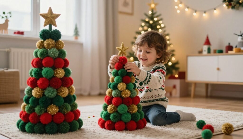 A cozy children's room decorated for the holidays features a vibrant, fluffy DIY pom-pom Christmas tree. The foreground showcases a handcrafted tree made from colorful pom-poms in shades of green, red, and gold, placed on a soft, textured rug. In the middle, a cheerful child, dressed in a cozy, festive sweater, carefully adds finishing touches to the pom-pom tree, their face lit with joy and concentration. The background reveals warm, twinkling fairy lights hanging on the walls, along with playful, child-friendly decorations, creating a magical atmosphere. Soft, natural lighting filters through a nearby window, enhancing the warmth and inviting charm of the scene. The overall mood is joyful, creative, and safe for children, capturing the essence of a DIY holiday project. A cozy children's room decorated for the holidays features a vibrant, fluffy DIY pom-pom Christmas tree. The foreground showcases a handcrafted tree made from colorful pom-poms in shades of green, red, and gold, placed on a soft, textured rug. In the middle, a cheerful child, dressed in a cozy, festive sweater, carefully adds finishing touches to the pom-pom tree, their face lit with joy and concentration. The background reveals warm, twinkling fairy lights hanging on the walls, along with playful, child-friendly decorations, creating a magical atmosphere. Soft, natural lighting filters through a nearby window, enhancing the warmth and inviting charm of the scene. The overall mood is joyful, creative, and safe for children, capturing the essence of a DIY holiday project.