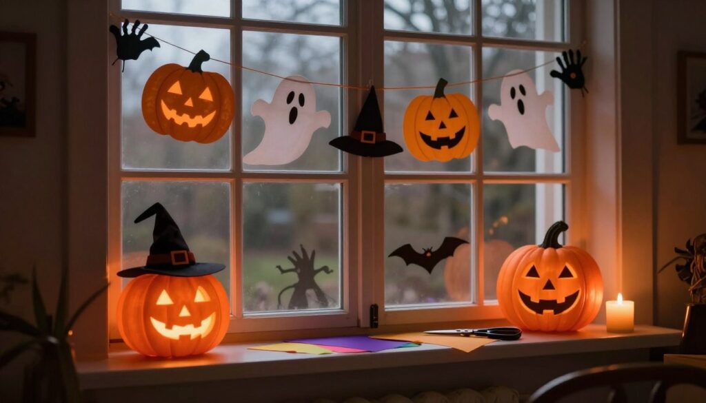 A cozy, dimly-lit room featuring a large window adorned with imaginative Halloween paper decorations. In the foreground, intricately cut paper shapes of glowing orange pumpkins, playful witches, spooky ghosts, and handprints with a ghostly effect cling to the glass. The middle layer includes a faint silhouette of a nearby corner table with a few scattered craft supplies like scissors and colorful paper, suggesting a DIY atmosphere. In the background, soft shadows enhance the scene, invoking a warm and slightly eerie ambiance typical of Halloween. The lighting is soft, with hints of warm orange and flickering candlelight, creating an inviting yet spooky mood, perfect for the Halloween theme. A cozy, dimly-lit room featuring a large window adorned with imaginative Halloween paper decorations. In the foreground, intricately cut paper shapes of glowing orange pumpkins, playful witches, spooky ghosts, and handprints with a ghostly effect cling to the glass. The middle layer includes a faint silhouette of a nearby corner table with a few scattered craft supplies like scissors and colorful paper, suggesting a DIY atmosphere. In the background, soft shadows enhance the scene, invoking a warm and slightly eerie ambiance typical of Halloween. The lighting is soft, with hints of warm orange and flickering candlelight, creating an inviting yet spooky mood, perfect for the Halloween theme.