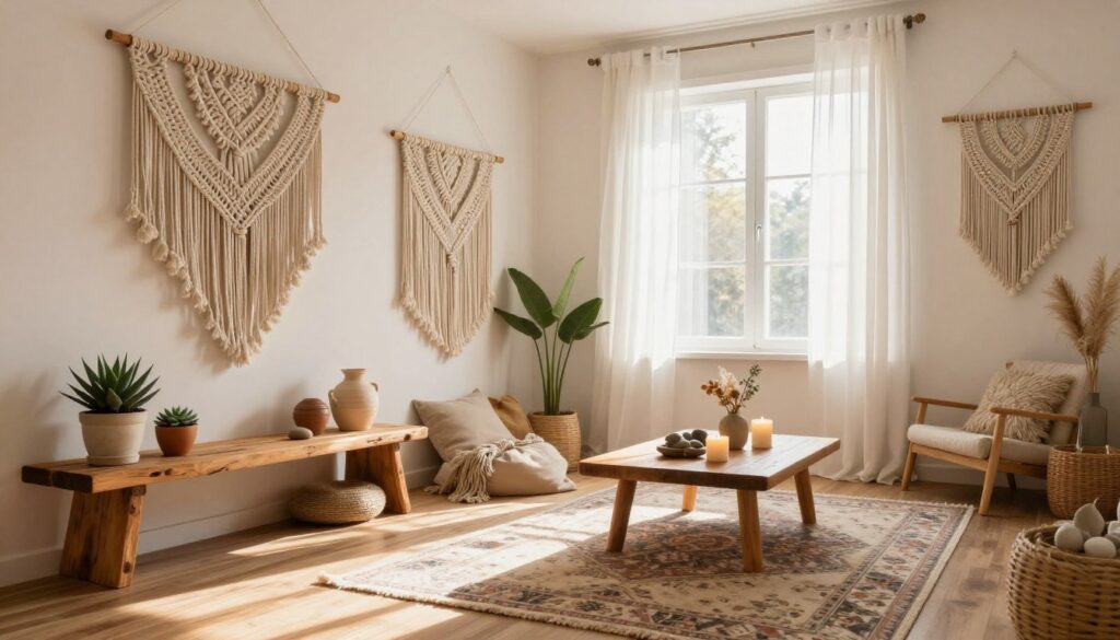 A cozy, inviting boho-style living space featuring a dreamy arrangement of macramé decorations and natural fiber accents. In the foreground, showcase intricately knotted macramé wall hangings in soft beige and earthy tones, gracefully draping down. Include a rustic wooden shelf adorned with potted succulents and handmade pottery. In the middle ground, a plush, patterned area rug complements a low wooden coffee table scattered with artisan candles and decorative stones. The background reveals large, bright windows with sheer white curtains that filter in warm, golden sunlight, casting gentle shadows across the room. The atmosphere is serene and welcoming, evoking a relaxed bohemian vibe that warms the interior. Use a wide-angle lens to capture the full essence of the space, emphasizing the textures and natural elements. A cozy, inviting boho-style living space featuring a dreamy arrangement of macramé decorations and natural fiber accents. In the foreground, showcase intricately knotted macramé wall hangings in soft beige and earthy tones, gracefully draping down. Include a rustic wooden shelf adorned with potted succulents and handmade pottery. In the middle ground, a plush, patterned area rug complements a low wooden coffee table scattered with artisan candles and decorative stones. The background reveals large, bright windows with sheer white curtains that filter in warm, golden sunlight, casting gentle shadows across the room. The atmosphere is serene and welcoming, evoking a relaxed bohemian vibe that warms the interior. Use a wide-angle lens to capture the full essence of the space, emphasizing the textures and natural elements.