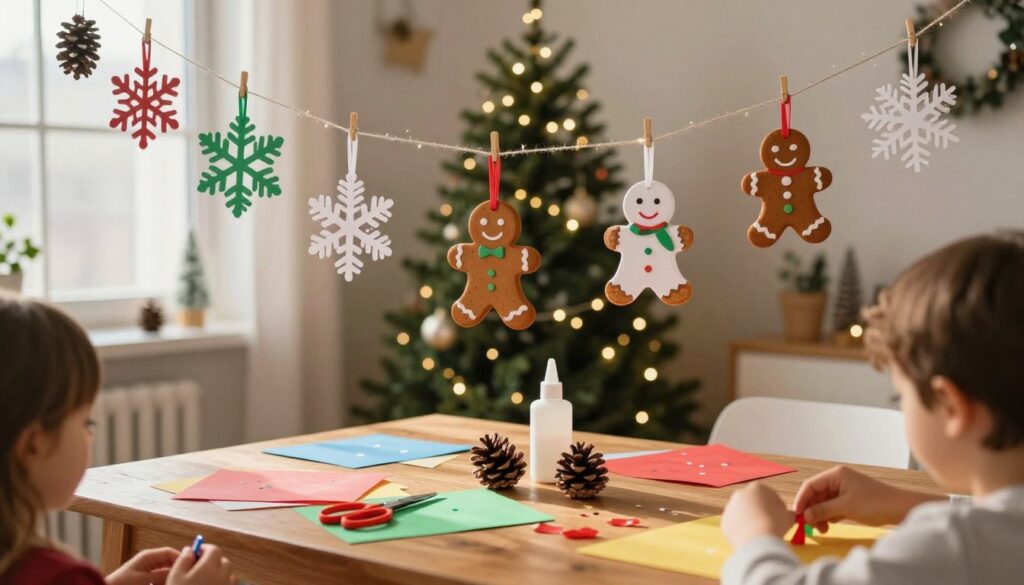 A cozy, warm scene depicting a festive corner filled with DIY Christmas decorations crafted for children. In the foreground, a wooden table is adorned with colorful paper, scissors, and glue, where kids' hands can be seen playfully creating ornaments. The middle ground features vibrant, handmade decorations such as paper snowflakes, painted pine cones, and gingerbread figures hanging from a low-hanging string or display. The background shows a softly lit room with twinkling string lights and a small Christmas tree, adding to the joyous atmosphere. Gentle sunlight streams in through a window, creating a cheerful and inviting mood, perfect for holiday crafting. Capture this with a warm, inviting color palette, using a soft focus to enhance the sense of wonder and creativity.