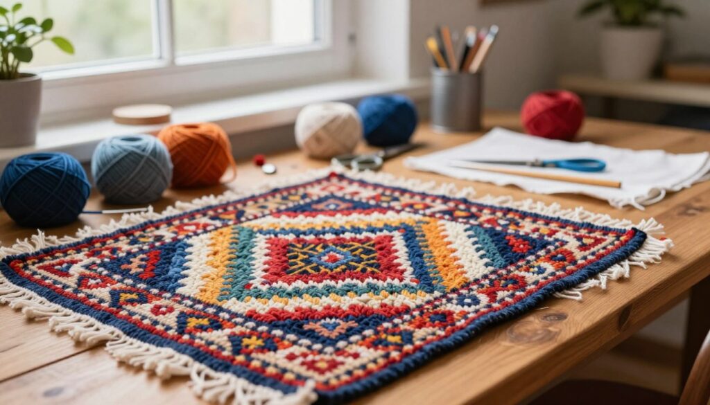 A cozy, well-lit workspace featuring a vibrant, handmade dywanik (small rug) in the foreground, showcasing intricate patterns and rich textures made from assorted colorful yarns. The middle of the scene includes an array of crafting materials such as scissors, yarn balls, and a partially completed dywanik on a wooden table. In the background, soft natural light filters through a nearby window, accentuating the warm and inviting atmosphere of the space. The mood is creative and inspiring, encouraging DIY spirit. The camera angle is slightly elevated, focusing on the crafting process, providing detailed views of the dywanik’s craftsmanship without any text or distractions, creating an ideal visual representation of a DIY project. A cozy, well-lit workspace featuring a vibrant, handmade dywanik (small rug) in the foreground, showcasing intricate patterns and rich textures made from assorted colorful yarns. The middle of the scene includes an array of crafting materials such as scissors, yarn balls, and a partially completed dywanik on a wooden table. In the background, soft natural light filters through a nearby window, accentuating the warm and inviting atmosphere of the space. The mood is creative and inspiring, encouraging DIY spirit. The camera angle is slightly elevated, focusing on the crafting process, providing detailed views of the dywanik’s craftsmanship without any text or distractions, creating an ideal visual representation of a DIY project.