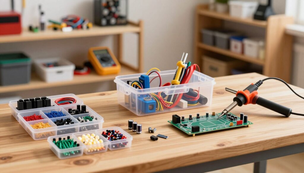 A neatly arranged DIY electronics kit displayed on a wooden workbench. In the foreground, colorful electronic components like resistors, capacitors, and LED lights are organized in small containers. A soldering iron sits beside a circuit board, showcasing a simple project layout. In the middle, a clear plastic box contains additional tool essentials such as a multimeter, wire strippers, and jumper wires. The background features a well-lit workshop environment with shelves filled with more electronics supplies and neatly labeled storage jars. Soft, warm lighting enhances the inviting and creative atmosphere, while a slight depth of field blurs the background, focusing attention on the detailed arrangement of the kit components.