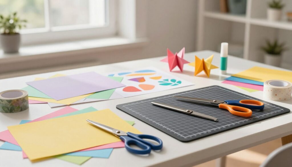 A well-organized workspace showing an array of DIY paper crafting materials and tools that are commonly found at home. In the foreground, feature vibrant sheets of colored paper, scissors, a cutting mat, glue sticks, and a roll of washi tape. The middle section contains a few half-finished paper projects, like origami and paper flowers, showcasing creativity and potential. In the background, a bright and airy room with natural light streaming in through a window, illuminating the workspace. Soft shadows create a warm and inviting atmosphere. The overall mood conveys a sense of inspiration and readiness for crafting, inviting viewers to explore their creativity.